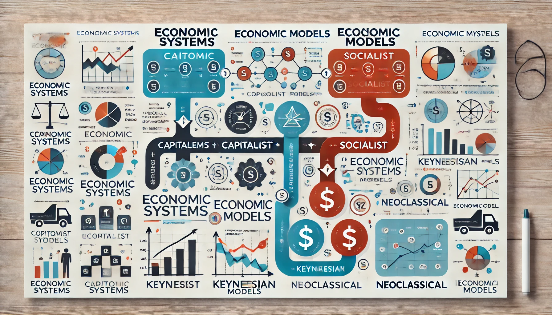 nfografía comparando sistemas económicos como capitalista y socialista con modelos económicos como keynesiano y neoclásico. Incluye representaciones visuales de relaciones lógicas, variables y características de modelos DSGE y DCGE.