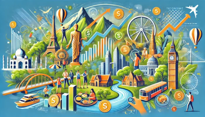 Ilustración vibrante que representa el impacto económico del turismo, mostrando destinos turísticos, cultura local, sostenibilidad y crecimiento económico.