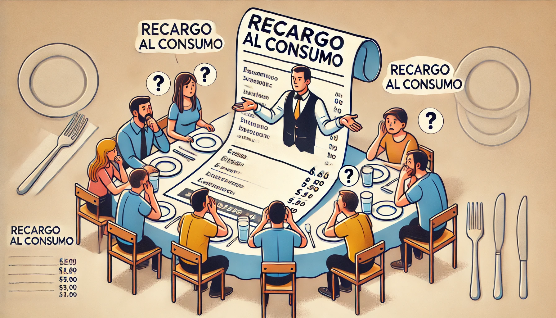 Ilustración de una escena en un restaurante que muestra una cuenta con un cargo adicional resaltado llamado 'Recargo al Consumo,' rodeada de clientes confundidos mientras un mesero explica el cargo. La mesa incluye platos, vasos y elementos de comida, con un enfoque en la transparencia y comprensión del recargo.