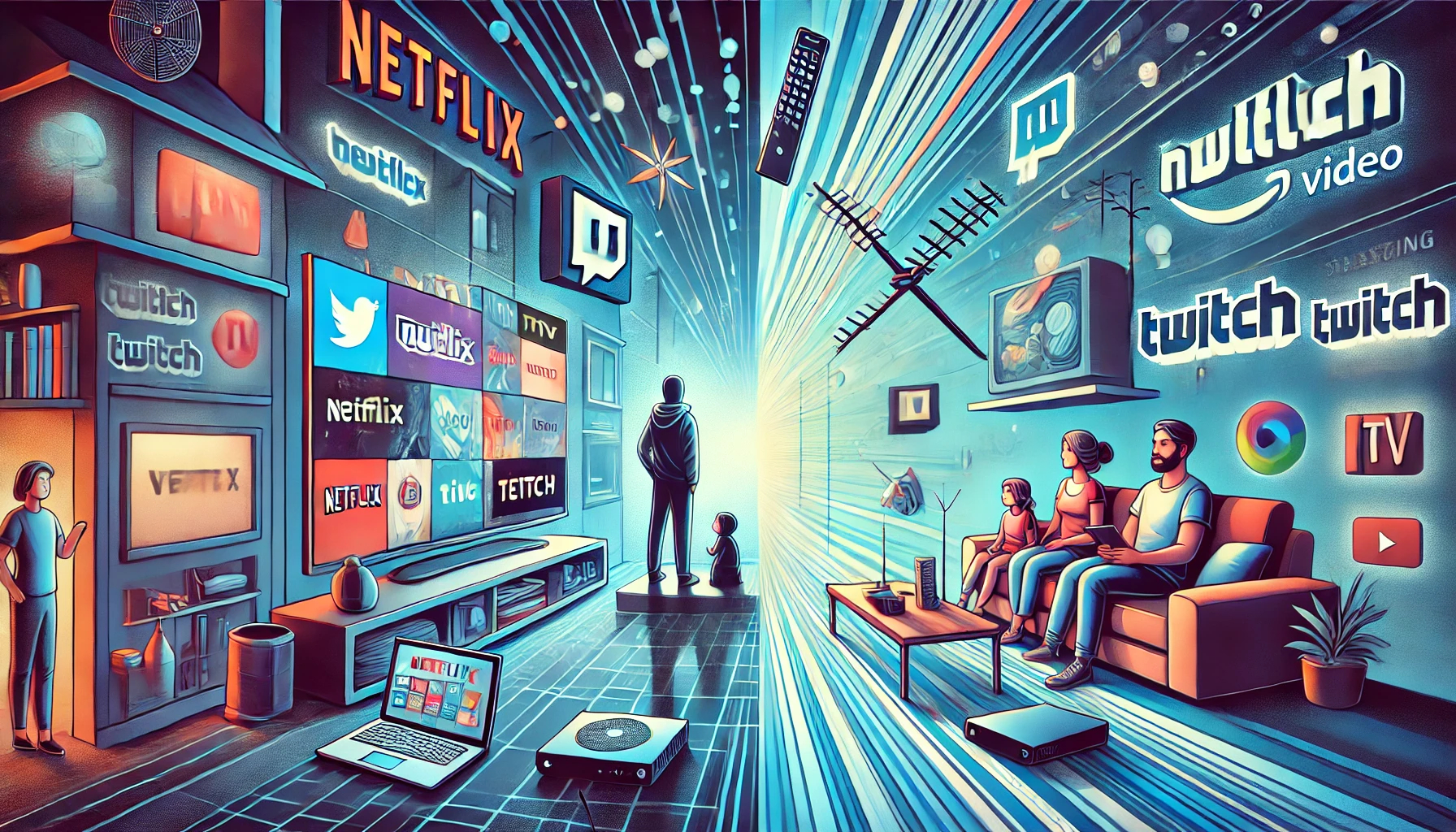 Ilustración digital que compara el streaming y la televisión tradicional. A la izquierda, una persona ve contenido en streaming en una laptop y un smartphone, rodeado de iconos de Netflix, Amazon Prime Video y Twitch. A la derecha, una familia mira televisión en una pantalla grande con una antena y un decodificador. El fondo fusiona ambos escenarios, representando el debate sobre si el streaming y la TV son sustitutos o complementarios.