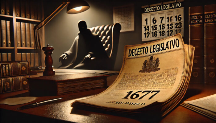 Escritorio de un funcionario con un documento etiquetado 'Decreto Legislativo 1677' acumulando polvo. Un calendario en el fondo muestra una fecha vencida. Una figura sombría se cierne en la penumbra, simbolizando un poder oculto que bloquea el cumplimiento de la ley.