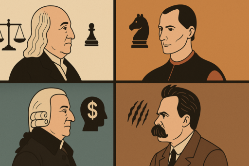 Ilustración editorial en estilo plano que presenta retratos de perfil de cuatro pensadores históricos: Jeremy Bentham con una balanza, Maquiavelo con una pieza de ajedrez, Adam Smith con un símbolo de dólar y Nietzsche con marcas de garras, cada uno en un fondo de color distinto.