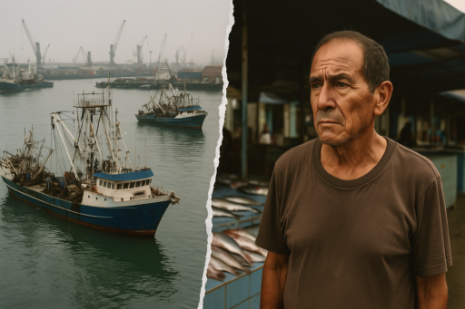 Imagen dividida: a la izquierda, barcos pesqueros industriales en un puerto; a la derecha, un hombre mayor de rostro serio frente a un mercado de pescado con puestos vacíos.