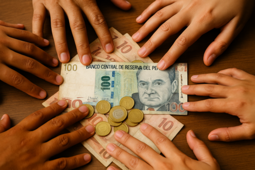 Varias manos extendidas alrededor de billetes y monedas peruanas sobre una mesa, simbolizando la distribución desigual del canon pesquero