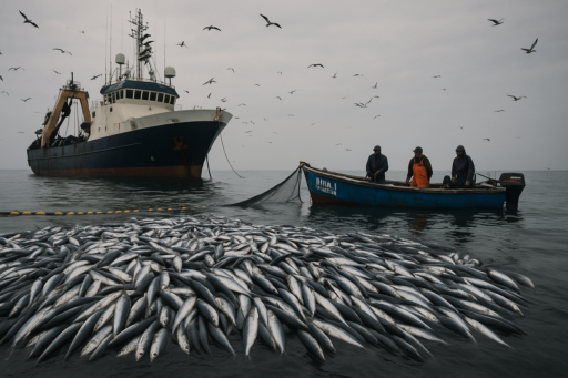 Barco pesquero industrial y bote artesanal recolectando anchovetas en el mar peruano con una gran red de pesca llena