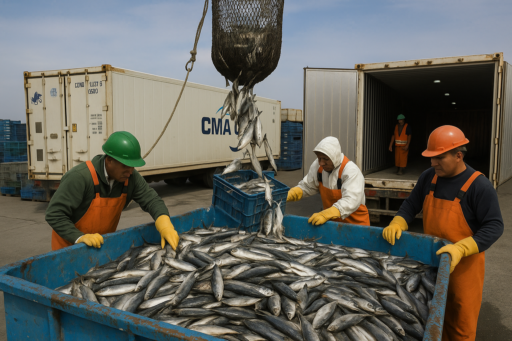 Trabajadores procesan grandes volúmenes de pescado en un muelle, preparándolos para exportación en contenedores refrigerados.