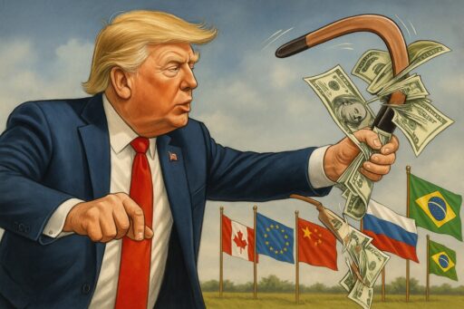 Ilustración de Donald Trump lanzando dólares con un boomerang frente a banderas de potencias globales como Canadá, Unión Europea, China, Rusia y Brasil, simbolizando el impacto global de la política fiscal de EE.UU.
